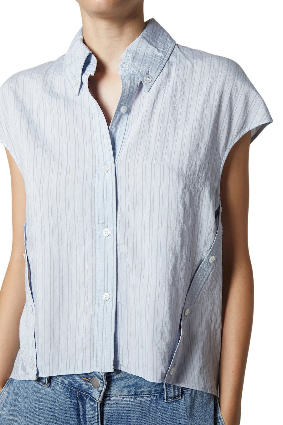 Saint Art Perth Cap Sleeve Button Blouse in Pale Blue Crinkle Pinstripe