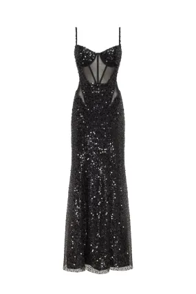 Sensational black maxi on spaghetti straps covered in sequins, Smoky Quartz