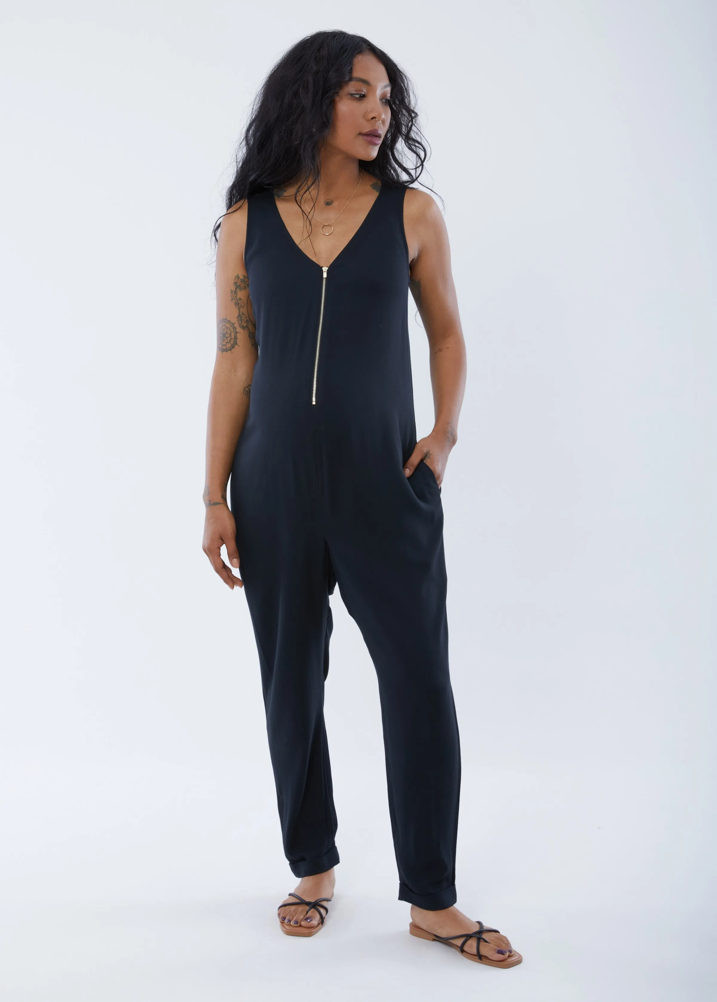 Sleeveless Zip Front Maternity Jumpsuit