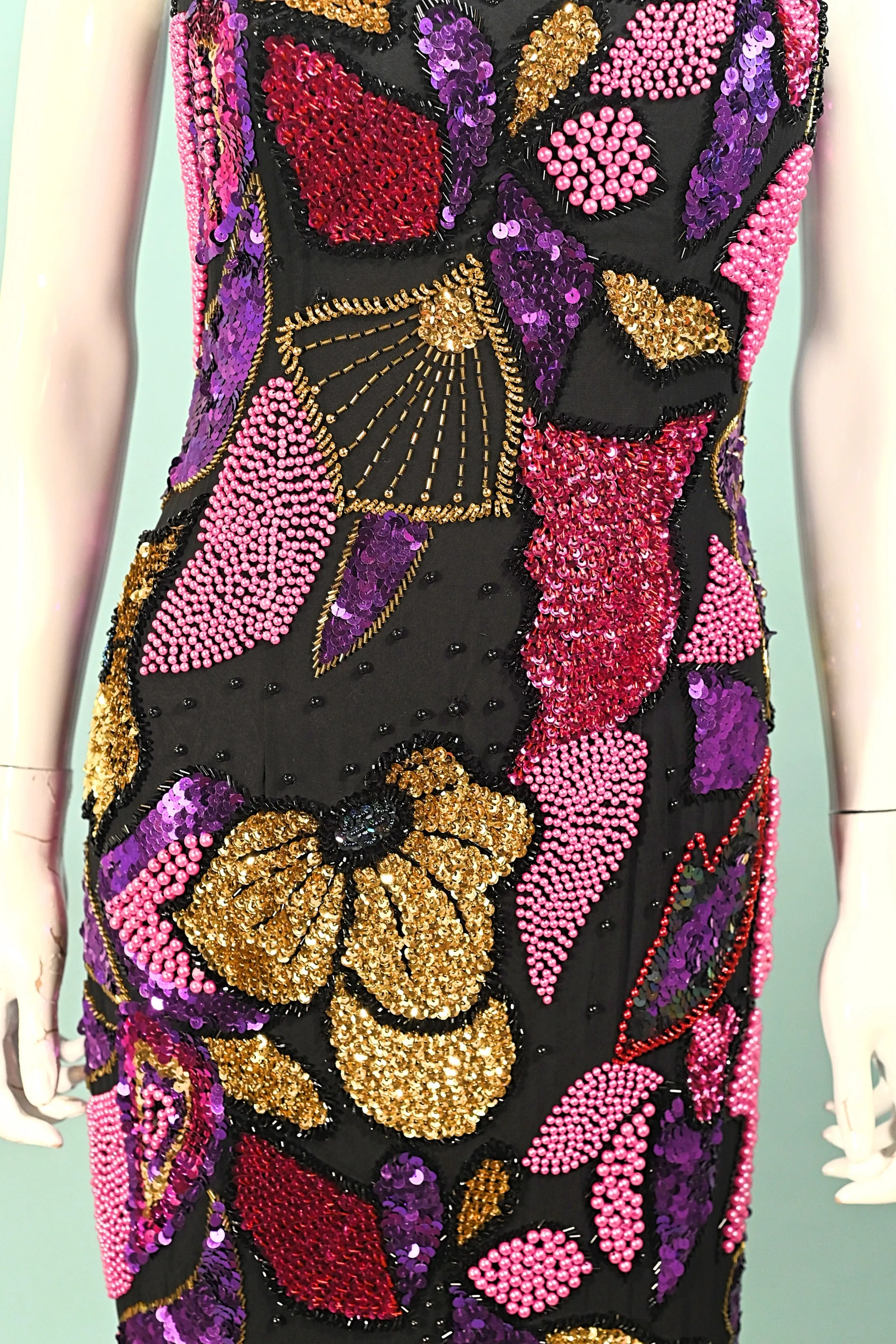 SOLD Alyce Designs Black Silk Beaded/Sequin Dress, Abstract Pattern S