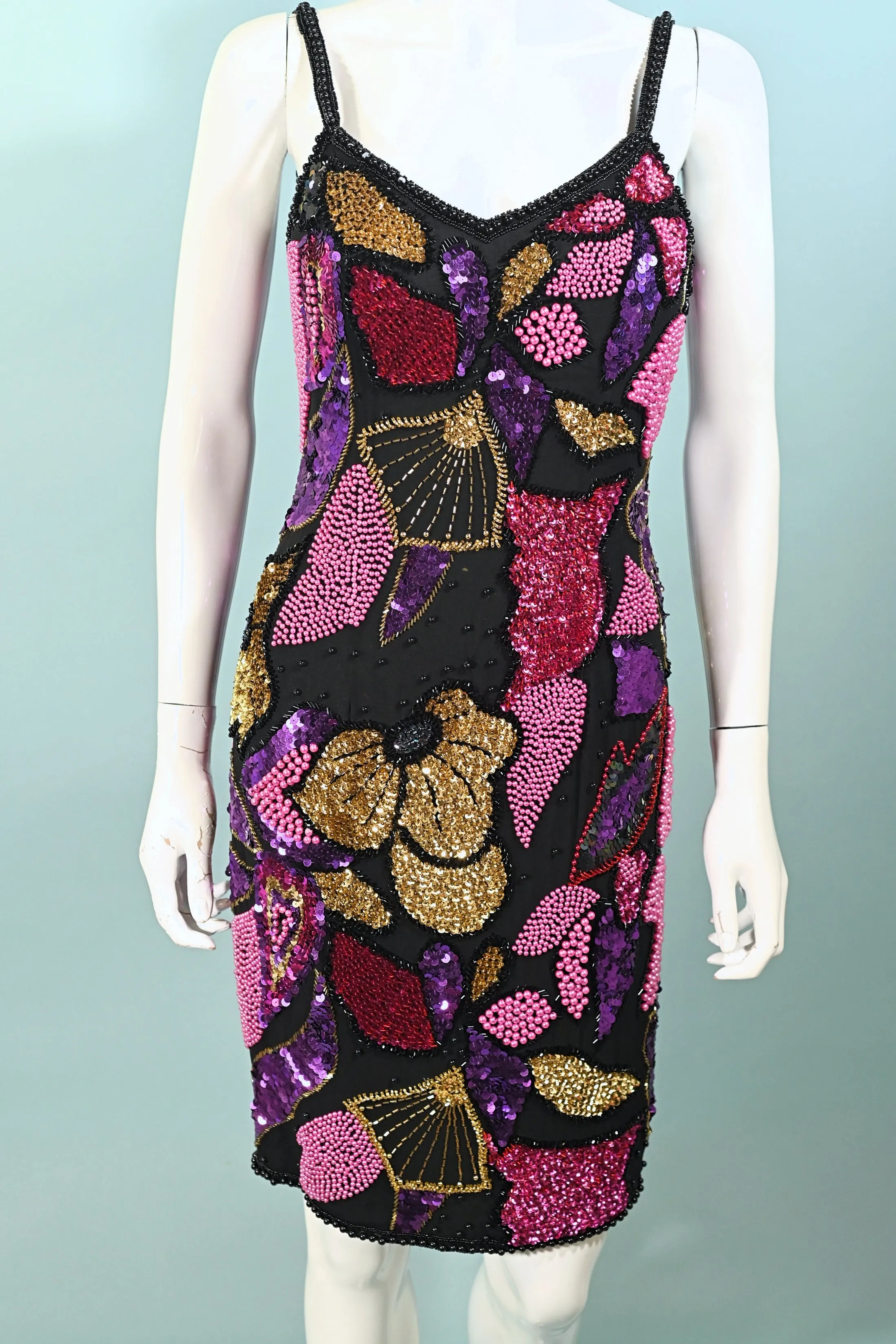 SOLD Alyce Designs Black Silk Beaded/Sequin Dress, Abstract Pattern S