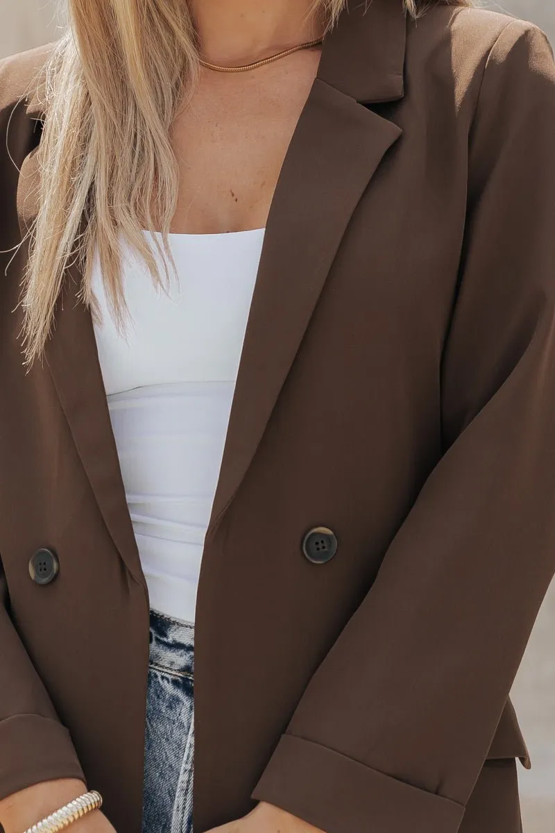 Sophistication At Its Finest Open Front Brown Blazer