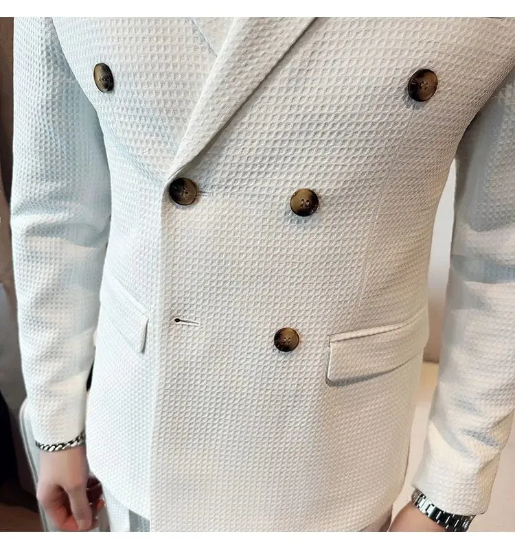 Stylish Luxury Vintage Waffle Men's Blazer: Double Breasted Business Casual Jacket, Slim Fit for Party or Wedding Tuxedo