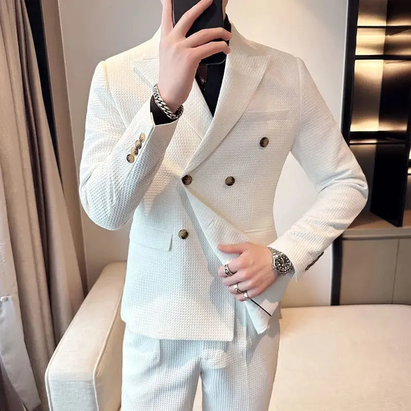 Stylish Luxury Vintage Waffle Men's Blazer: Double Breasted Business Casual Jacket, Slim Fit for Party or Wedding Tuxedo