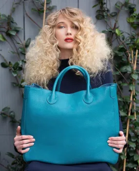 Teal Blue Large Leather Tote Bag, Cowhide Leather Bag, Lady Fashion Bag, Leather Weekend Bag, Women Must-Have Bag, Designer Bag, Gift