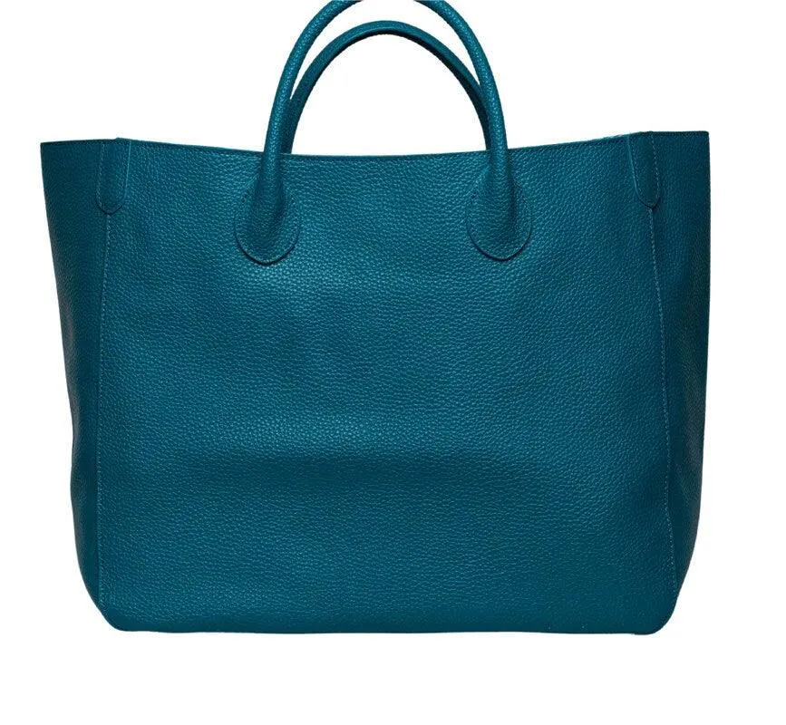 Teal Blue Large Leather Tote Bag, Cowhide Leather Bag, Lady Fashion Bag, Leather Weekend Bag, Women Must-Have Bag, Designer Bag, Gift