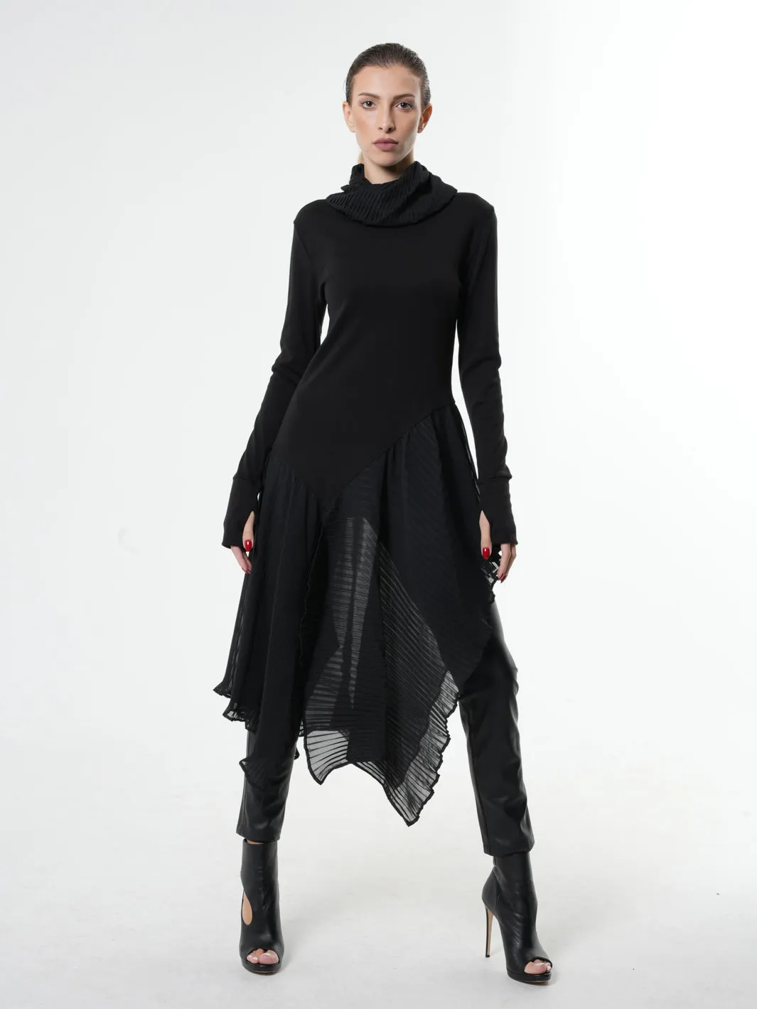 Turtleneck Black Tunic With Pleated Choffon Layer