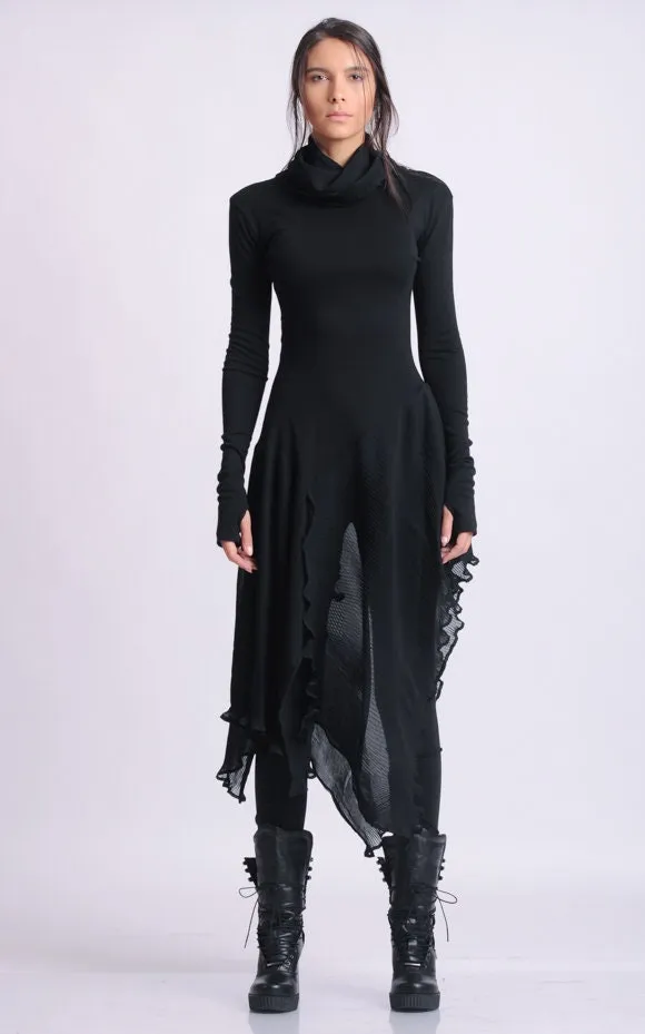 Turtleneck Black Tunic With Pleated Choffon Layer