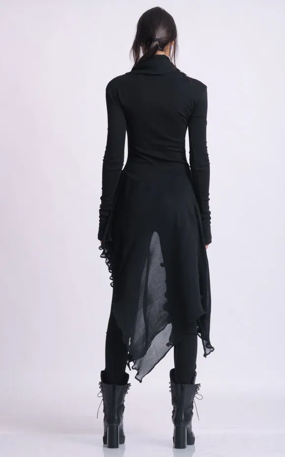 Turtleneck Black Tunic With Pleated Choffon Layer