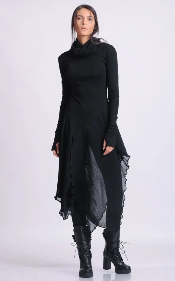 Turtleneck Black Tunic With Pleated Choffon Layer