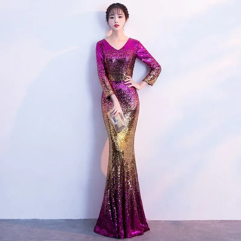 V-Neck Sequined Floor-Length Evening Dress