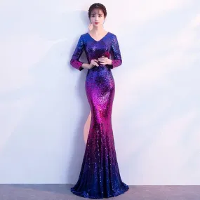 V-Neck Sequined Floor-Length Evening Dress