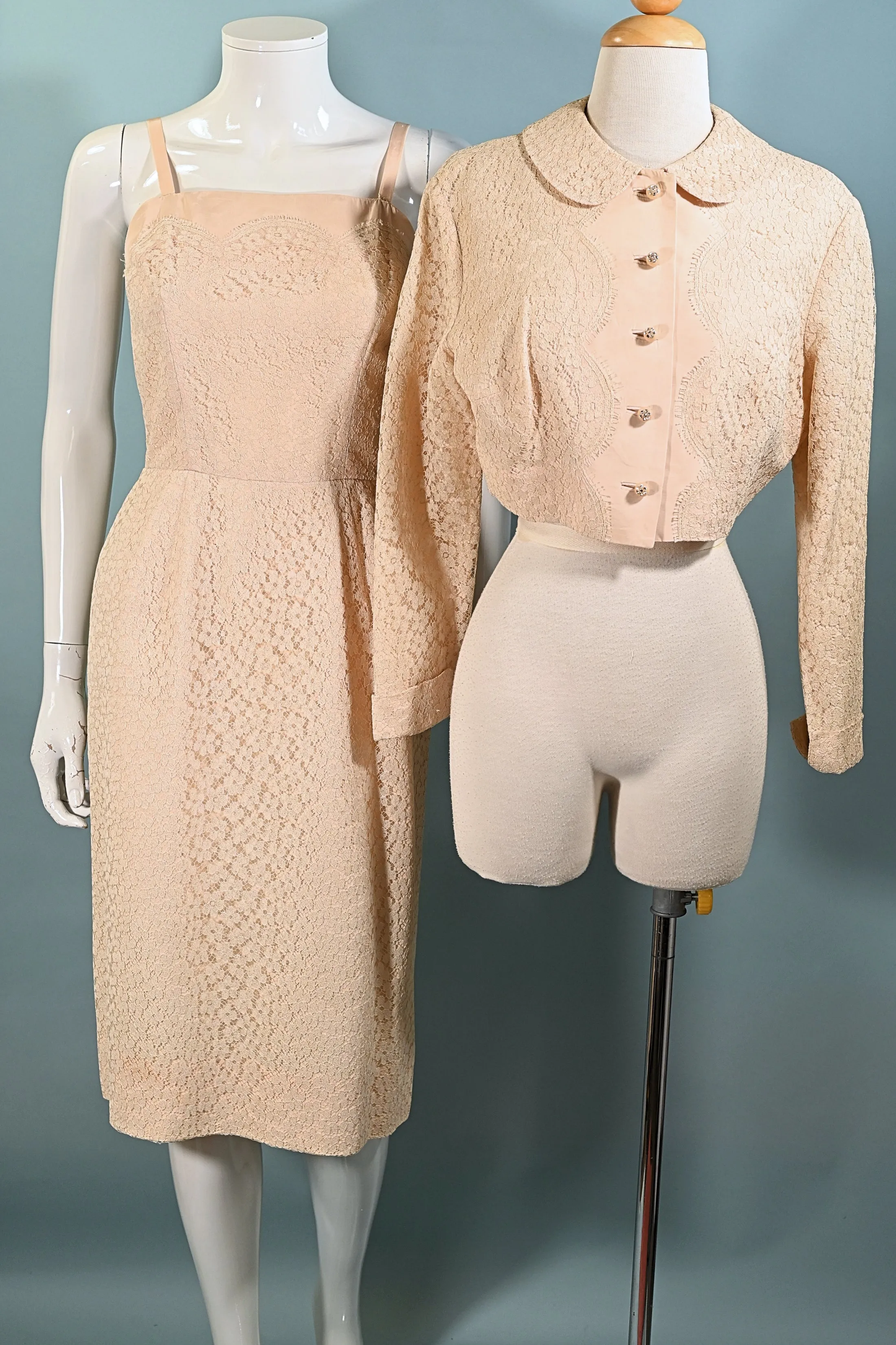 Vintage 50s Blush Pink Lace Dress   Jacket, 2 Piece Suit, Rhinestone Buttons S