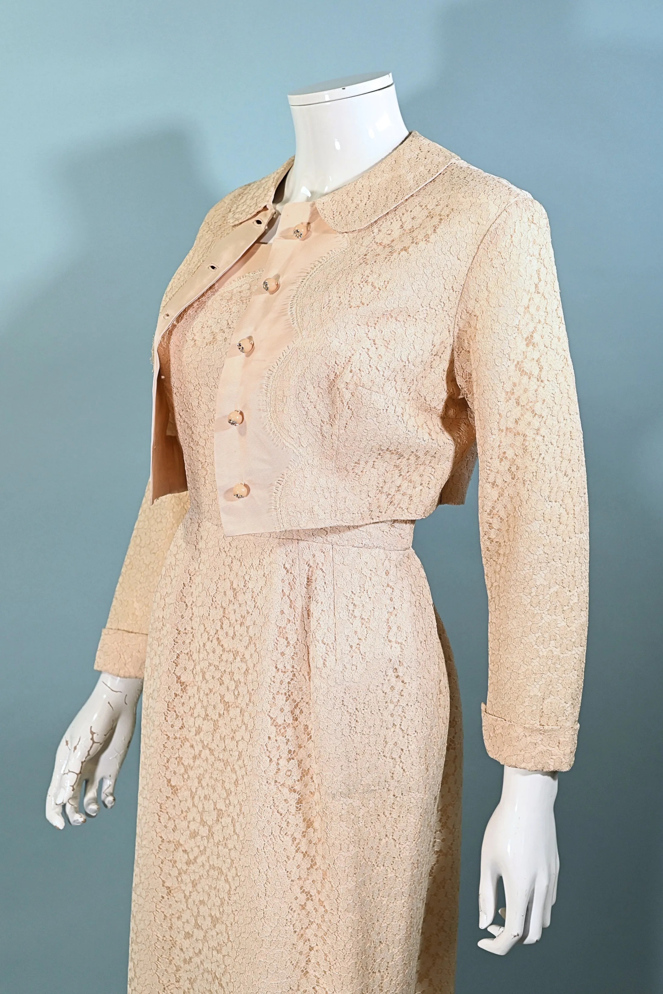 Vintage 50s Blush Pink Lace Dress   Jacket, 2 Piece Suit, Rhinestone Buttons S