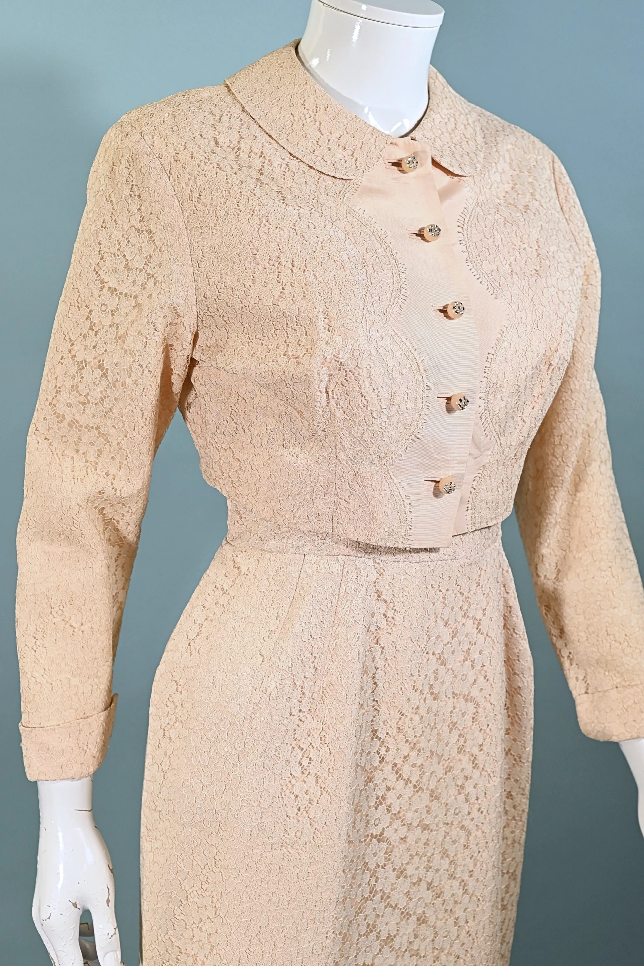 Vintage 50s Blush Pink Lace Dress   Jacket, 2 Piece Suit, Rhinestone Buttons S