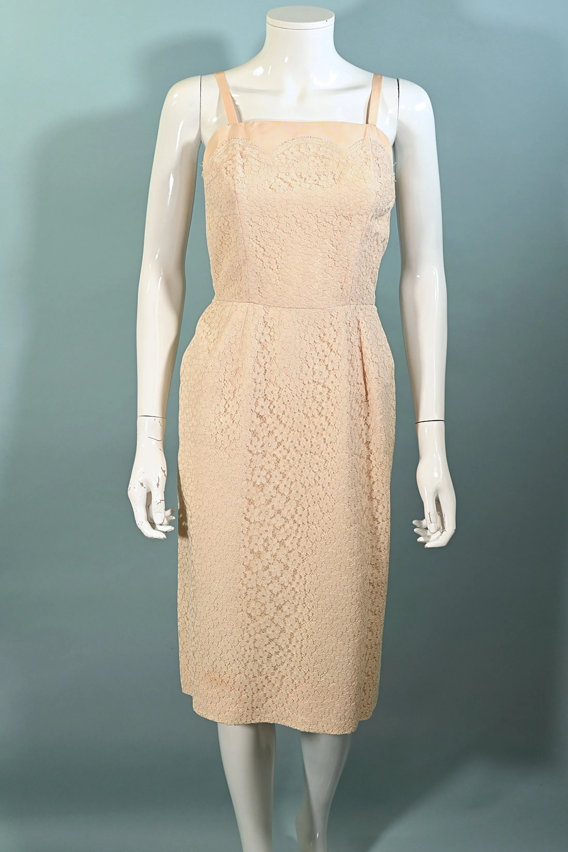 Vintage 50s Blush Pink Lace Dress   Jacket, 2 Piece Suit, Rhinestone Buttons S