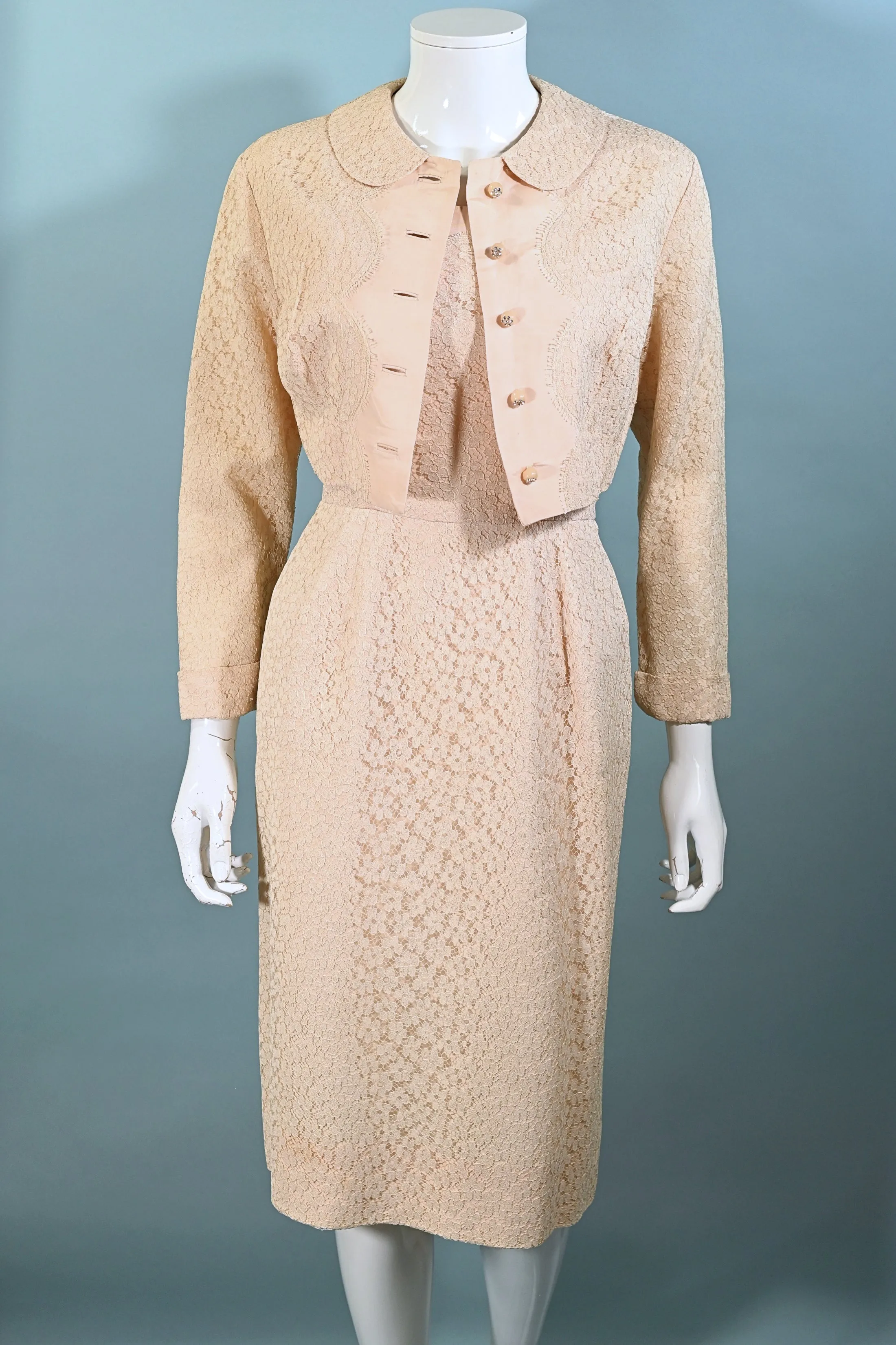 Vintage 50s Blush Pink Lace Dress   Jacket, 2 Piece Suit, Rhinestone Buttons S