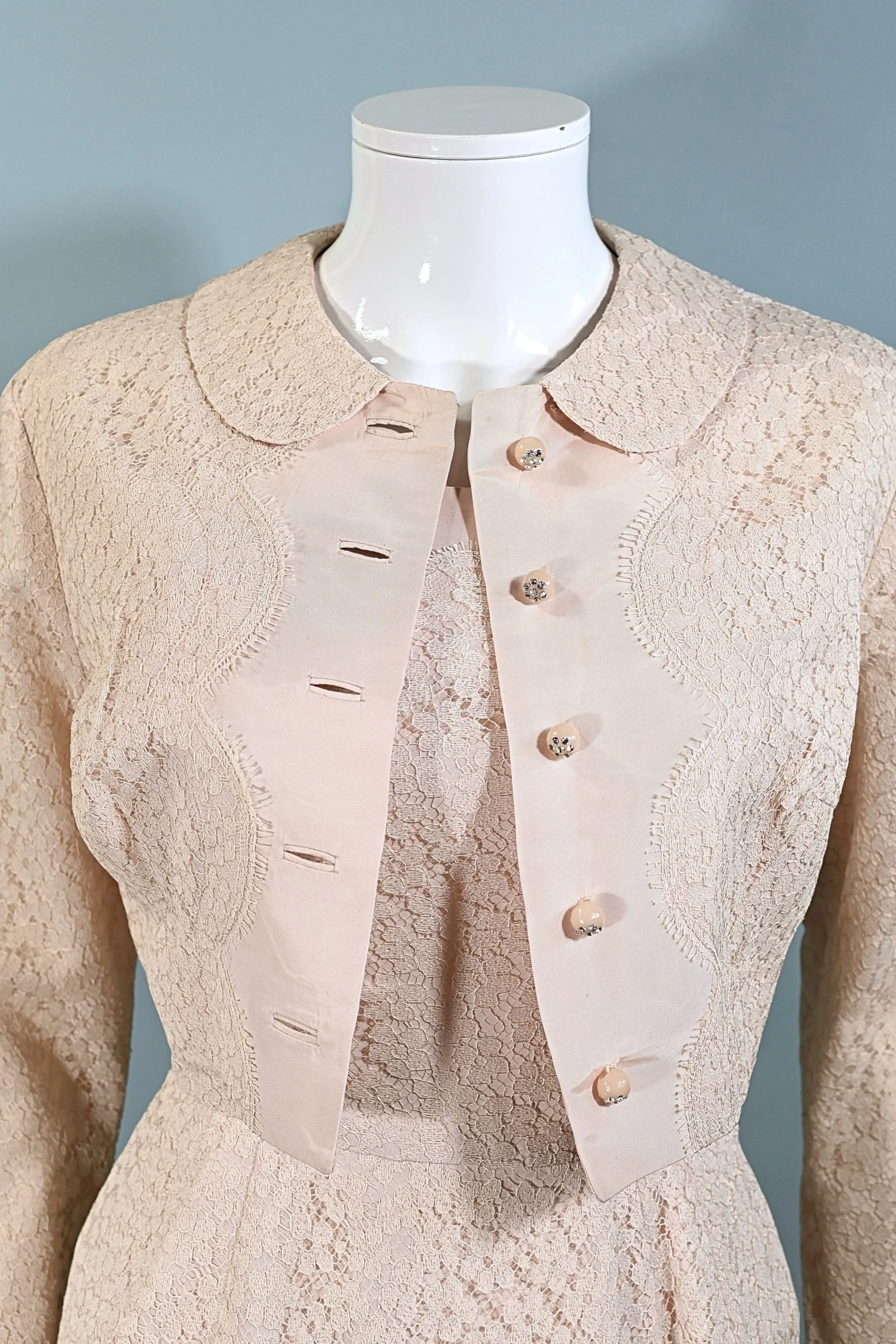 Vintage 50s Blush Pink Lace Dress   Jacket, 2 Piece Suit, Rhinestone Buttons S