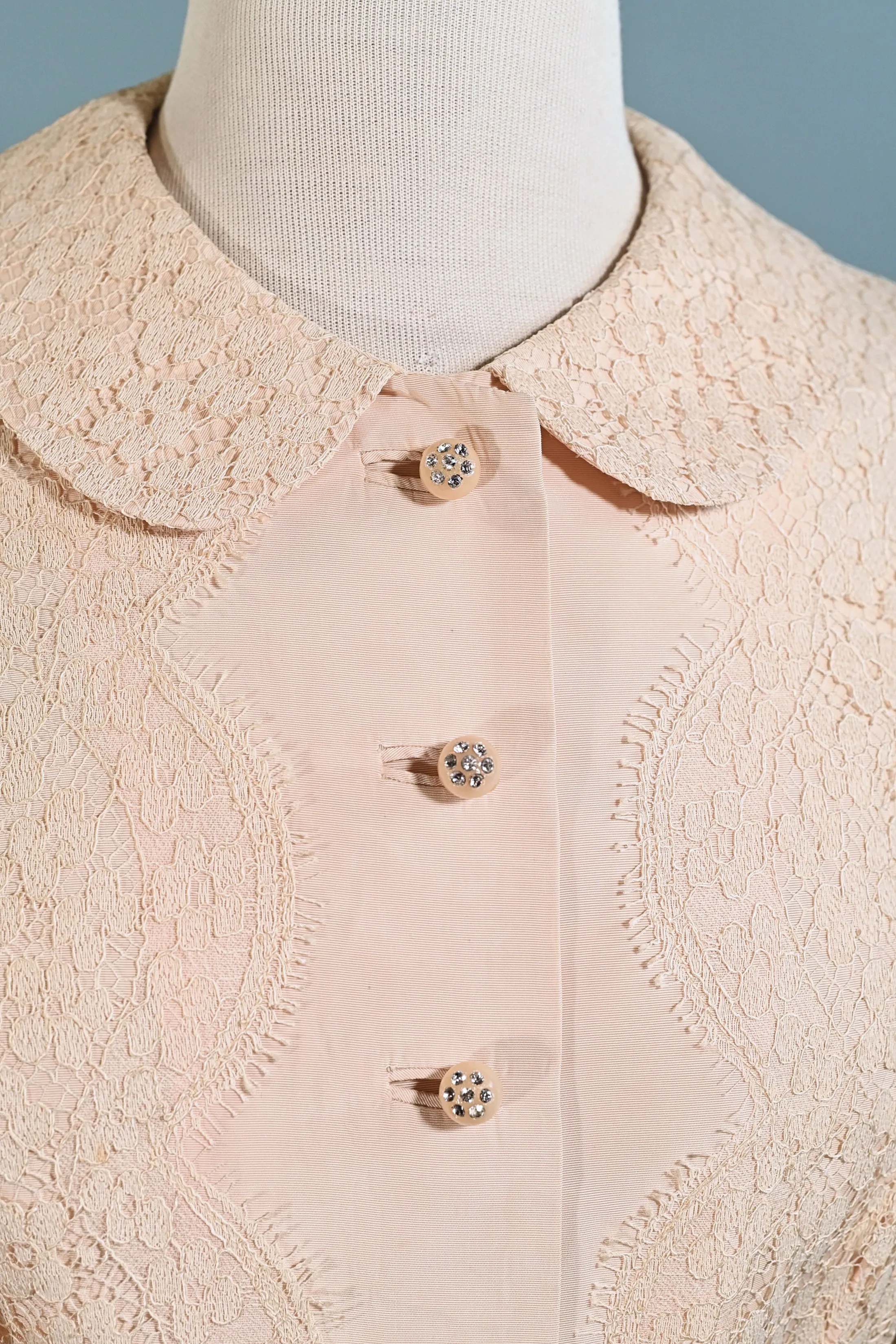 Vintage 50s Blush Pink Lace Dress   Jacket, 2 Piece Suit, Rhinestone Buttons S