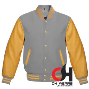 Vintage Men's Varsity Baseball Bomber Light Grey Letterman Jacket, Plus Size Varsity Jacket with Genuine Yellow Leather Sleeves