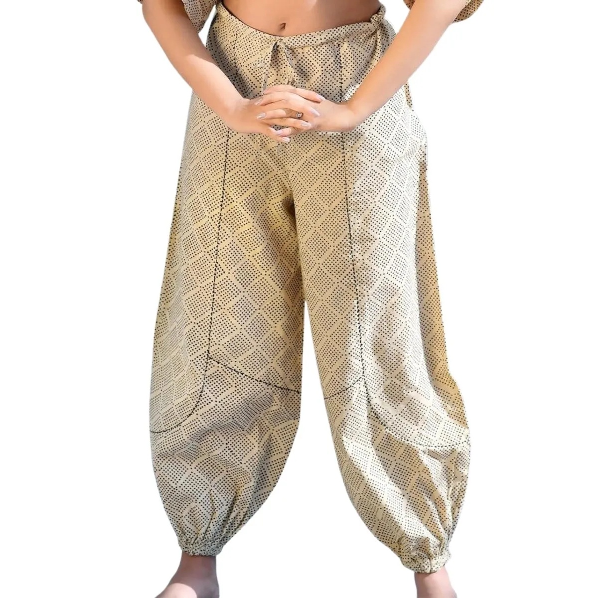 Women Beige Printed Crop Top with Harem Pants Co-Ord Set | Organic Cotton Handcrafted by Artisans for your Yoga, Exercise,Casuals