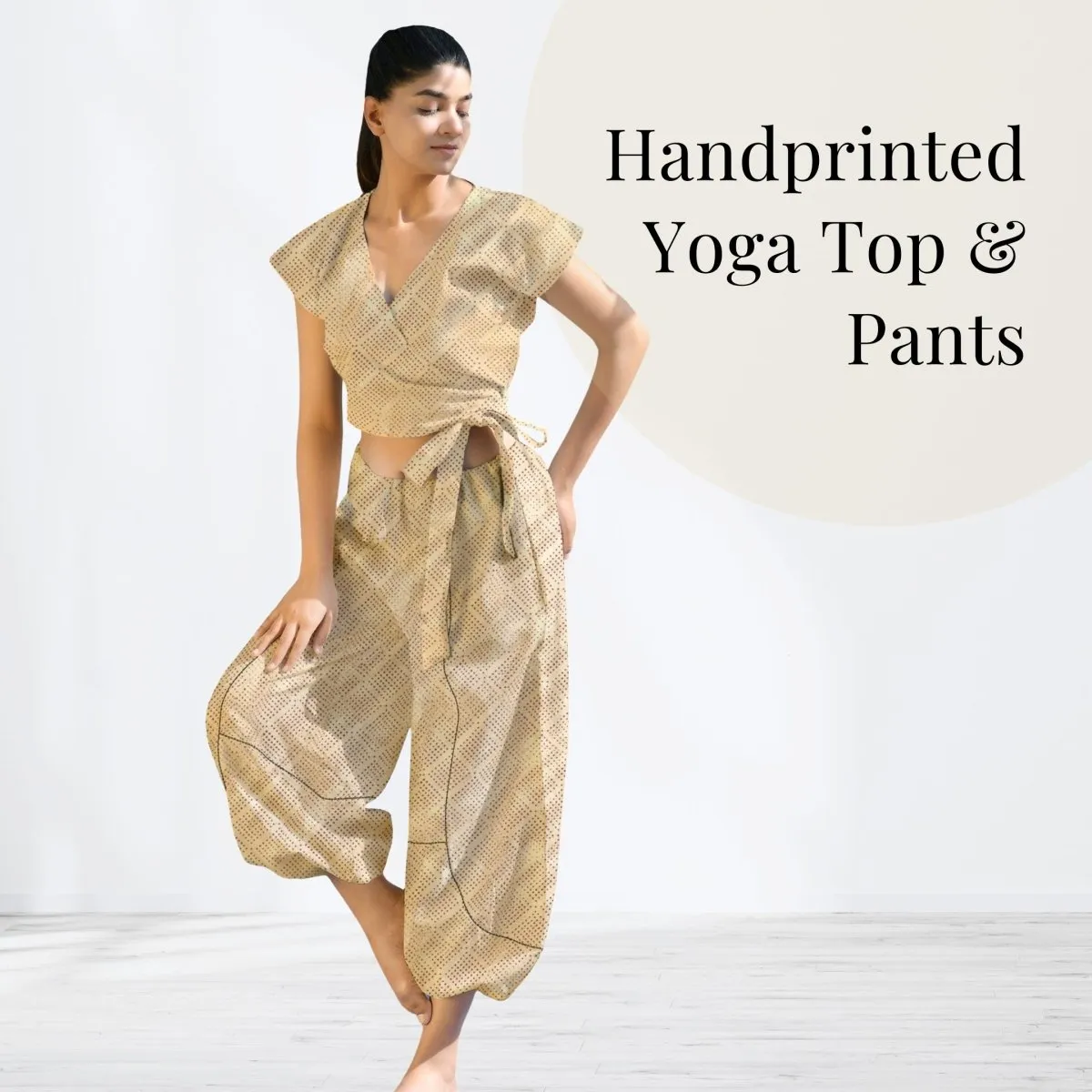 Women Beige Printed Crop Top with Harem Pants Co-Ord Set | Organic Cotton Handcrafted by Artisans for your Yoga, Exercise,Casuals