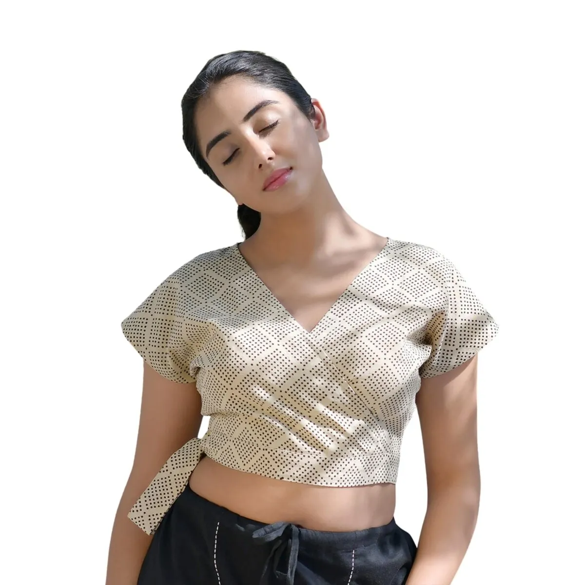 Women Beige Printed Crop Top with Harem Pants Co-Ord Set | Organic Cotton Handcrafted by Artisans for your Yoga, Exercise,Casuals