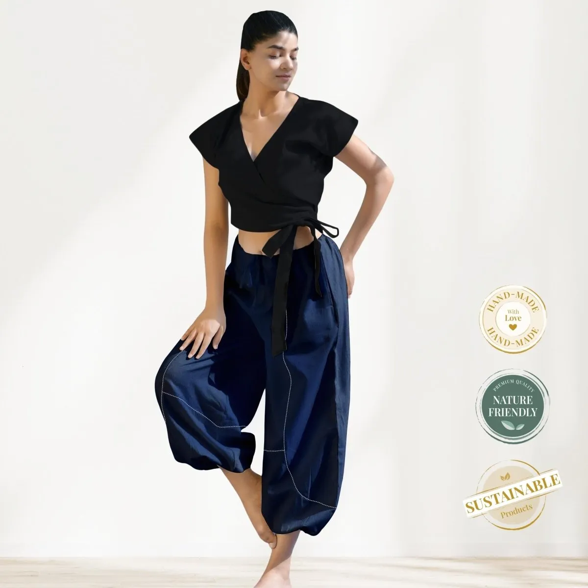 Women Black Crop Top with Harem Pants Co-Ord Set made of 100% Cotton Handcrafted for your Yoga, Exercise,Casuals