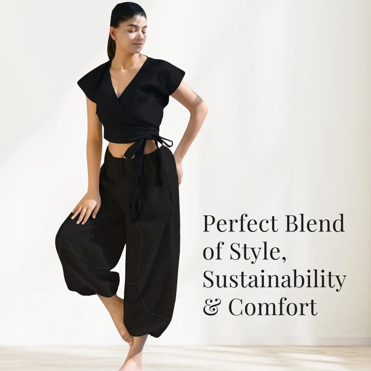 Women Black Crop Top with Harem Pants Co-Ord Set made of 100% Cotton Handcrafted for your Yoga, Exercise,Casuals