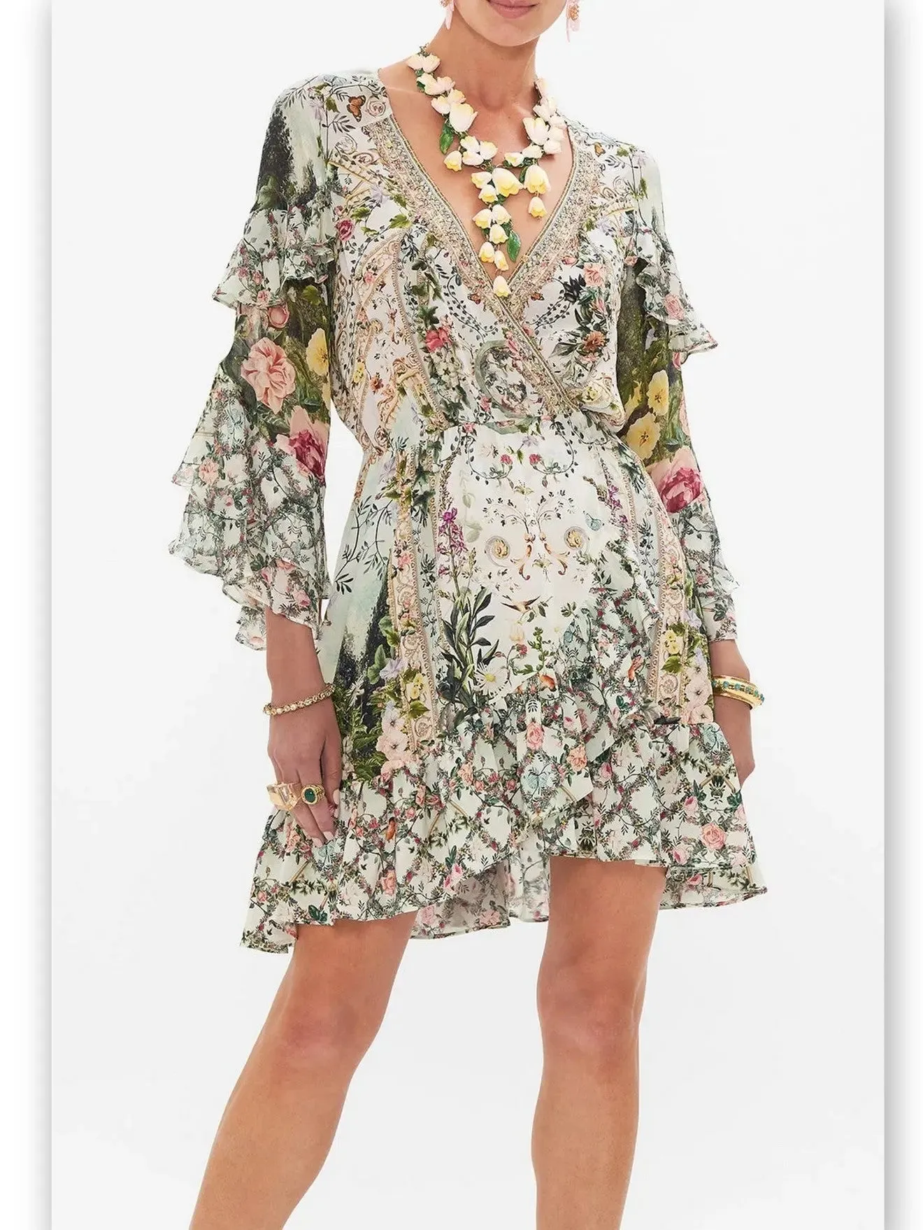 Women’s Crystal-Embellished Printed Short Frill Wrap Dress