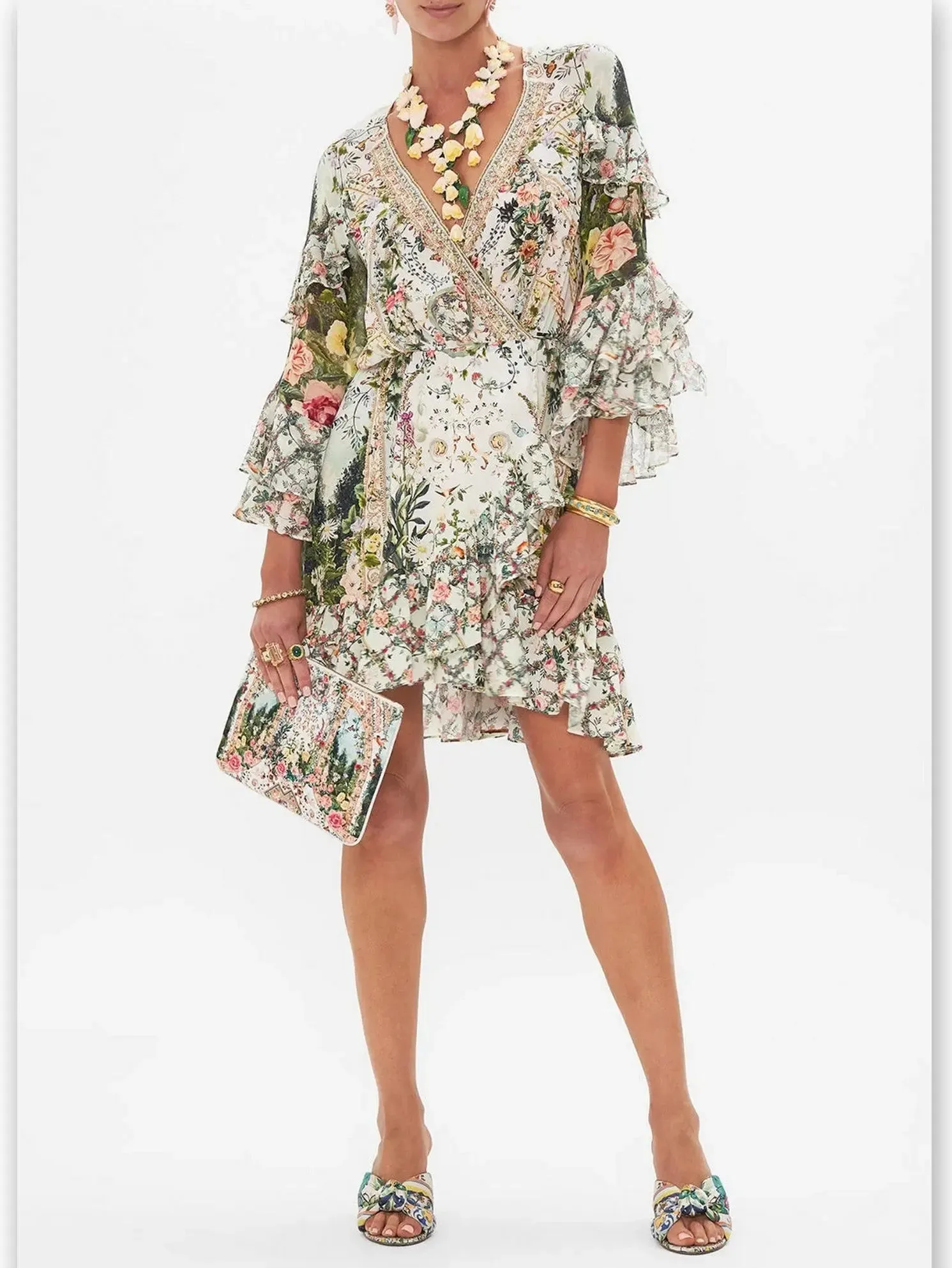 Women’s Crystal-Embellished Printed Short Frill Wrap Dress