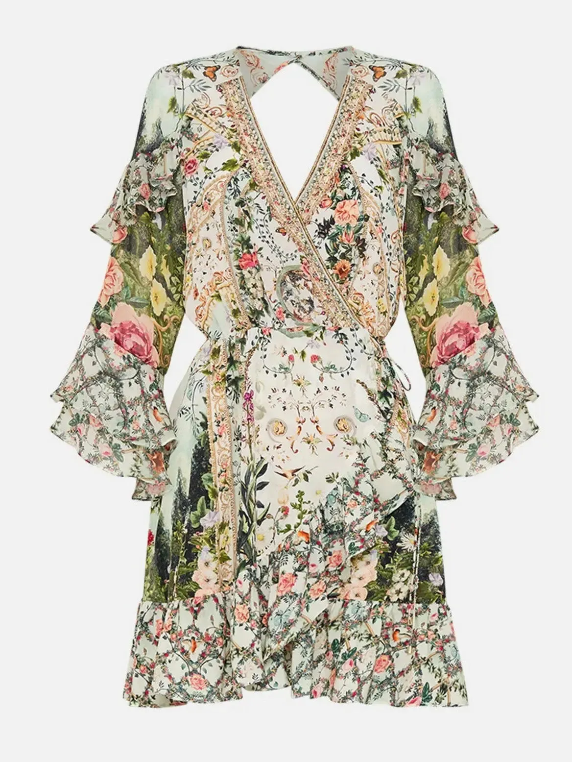 Women’s Crystal-Embellished Printed Short Frill Wrap Dress