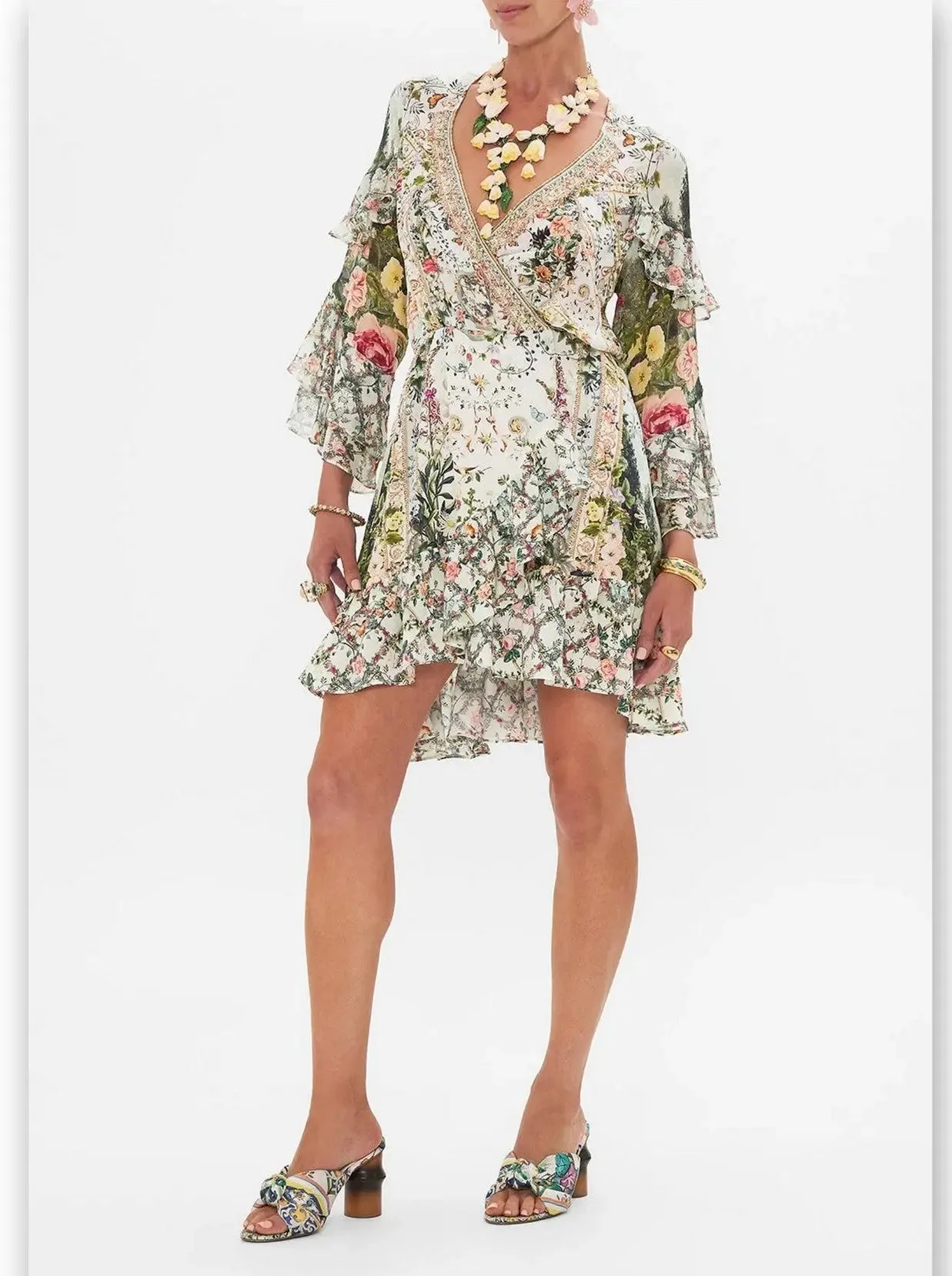 Women’s Crystal-Embellished Printed Short Frill Wrap Dress