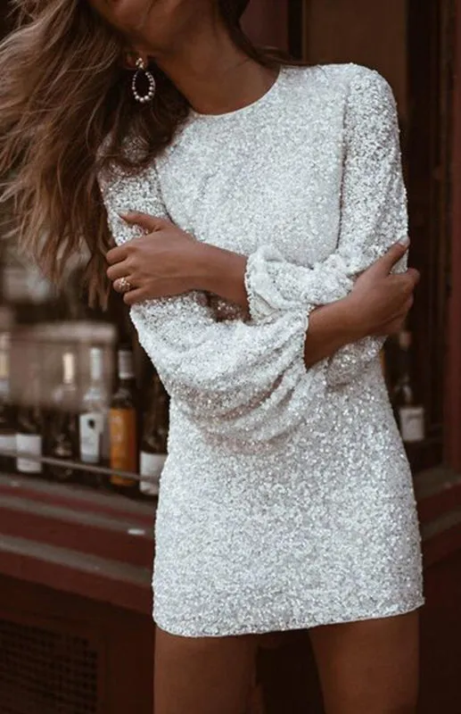 Women's Fitted Sequined Dress With Crew Neck And Balloon Sleeves