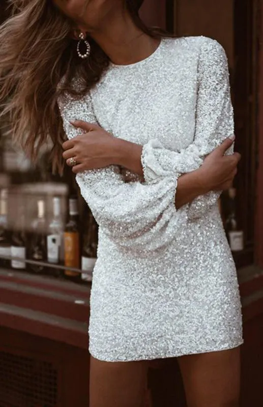 Women's Fitted Sequined Dress With Crew Neck And Balloon Sleeves