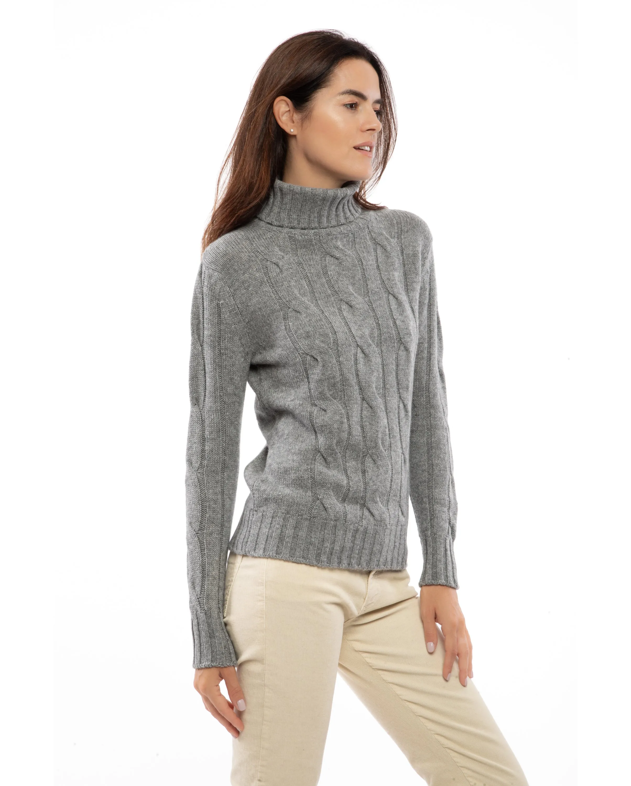 Women's Pure Cashmere Cable Knit Turtleneck Sweater Melange Gray