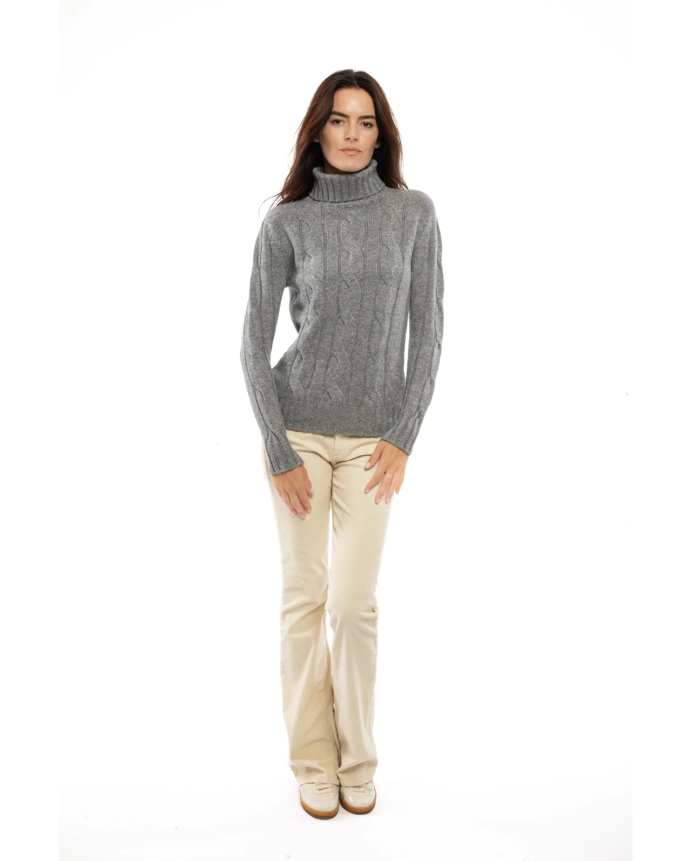 Women's Pure Cashmere Cable Knit Turtleneck Sweater Melange Gray