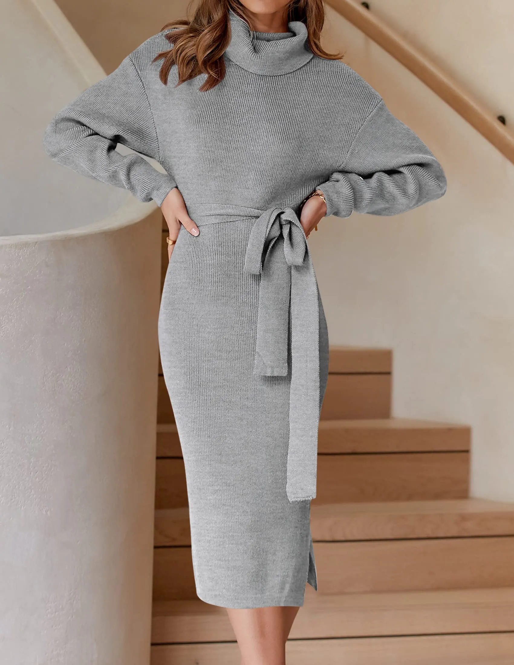 ZESICA Women's Turtleneck Sweater Midi Dress Long Sleeve Ribbed Knit Bodycon Slit Dress with Belt,Grey,Medium