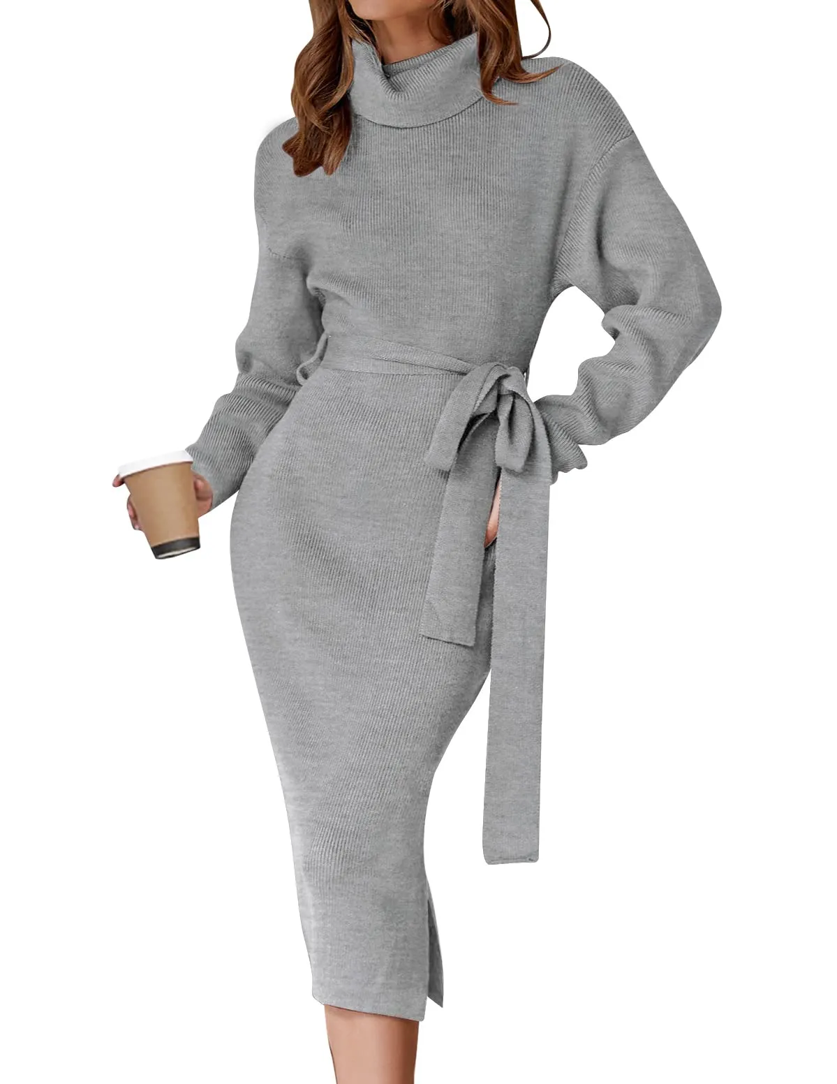 ZESICA Women's Turtleneck Sweater Midi Dress Long Sleeve Ribbed Knit Bodycon Slit Dress with Belt,Grey,Medium